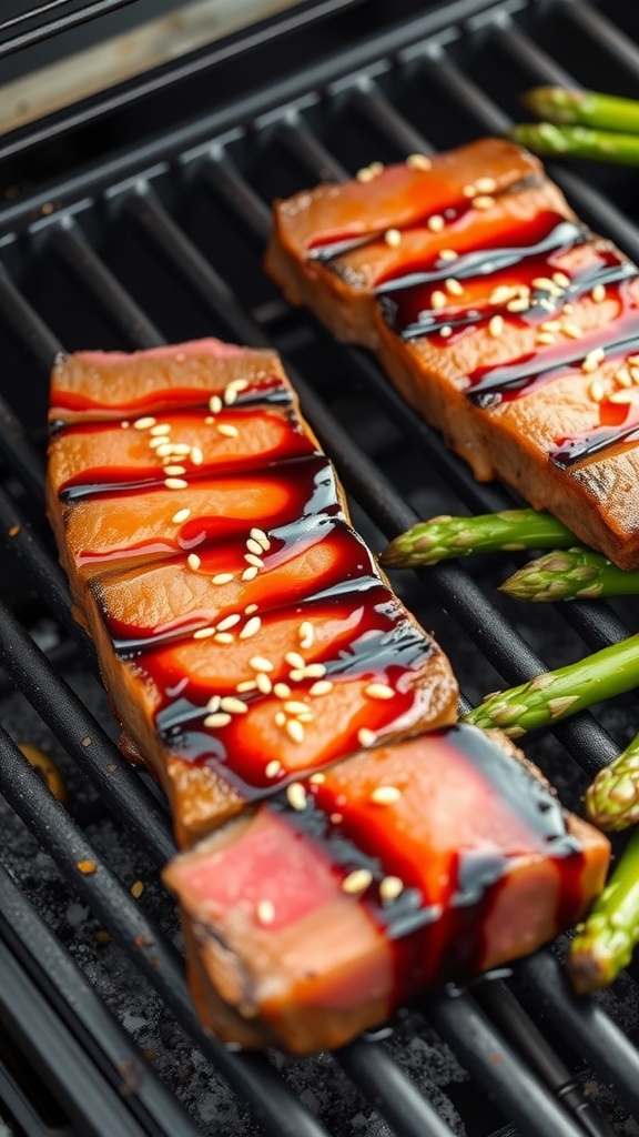 Grilled tuna steaks with teriyaki glaze and sesame seeds on the grill.