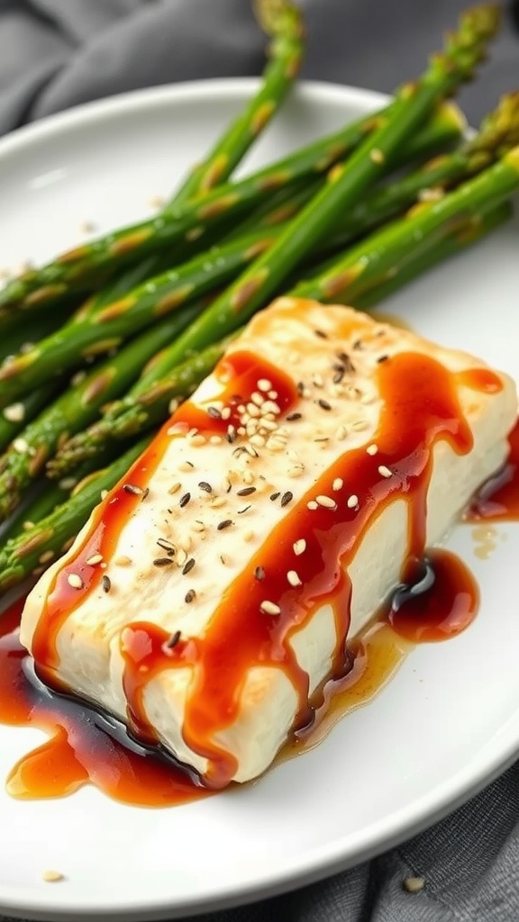 A plate of Teriyaki Halibut garnished with sesame seeds and served with asparagus.