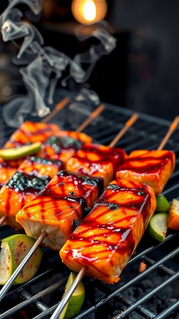 Grilled teriyaki salmon skewers with a smoky finish, garnished with lime slices.