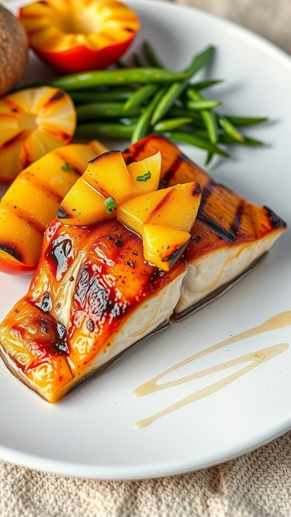Teriyaki salmon fillet topped with grilled pineapple, served with green beans and grilled peaches.