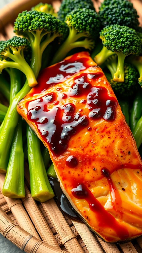 Teriyaki salmon fillet drizzled with sauce, served with steamed broccoli.
