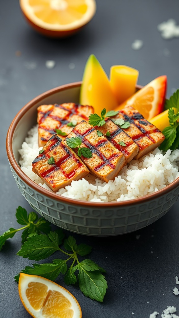Grilled tuna steaks served on coconut rice with garnishes