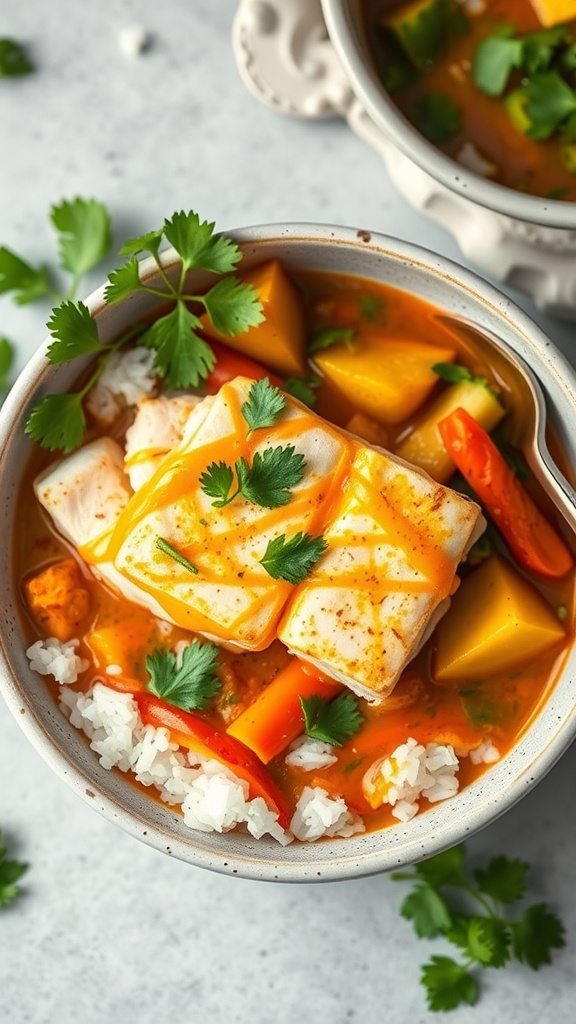 A bowl of Thai Coconut Curry Cod with rice and vegetables.