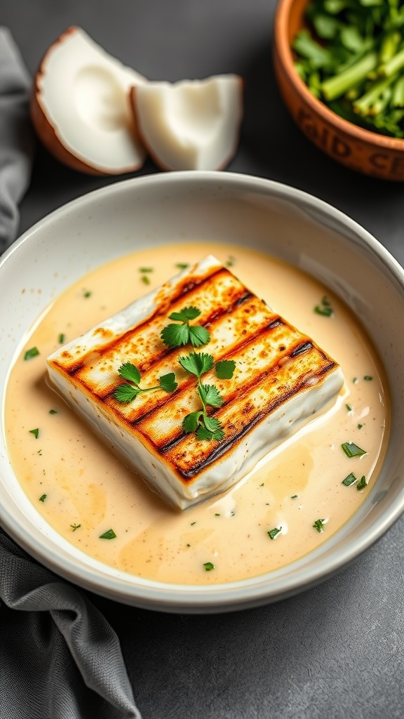 Grilled halibut served in coconut curry sauce with cilantro garnish