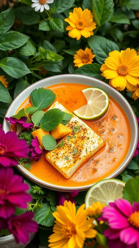A bowl of Thai coconut curry halibut with vibrant colors and garnishes.