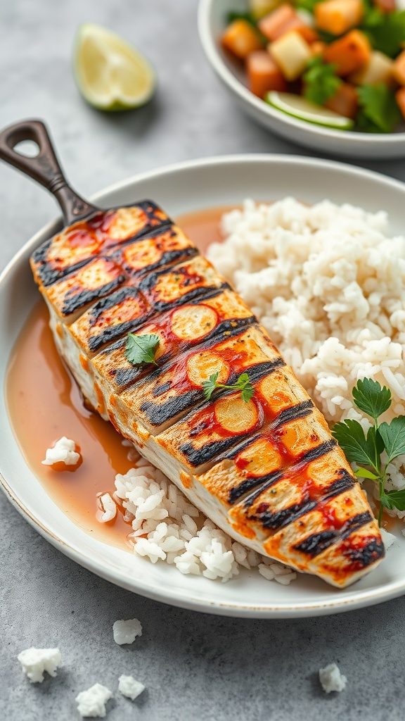 A delicious plate of grilled swordfish with coconut sauce, served with rice and garnished with cilantro.