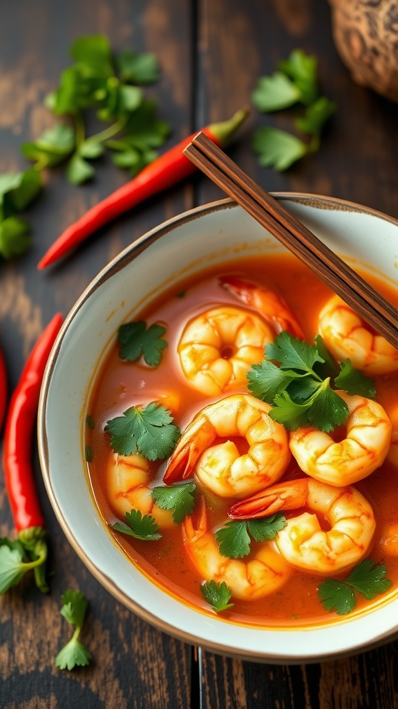 A bowl of Thai Coconut Shrimp Soup with shrimp and cilantro