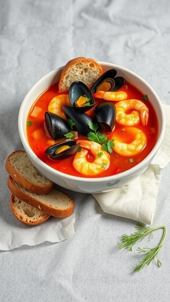 A bowl of tomato and fennel seafood soup with shrimp and mussels.