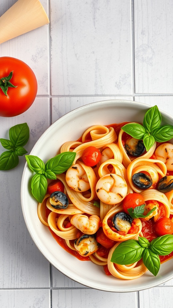 A bowl of tomato basil seafood pasta garnished with basil leaves surrounded by fresh tomatoes.