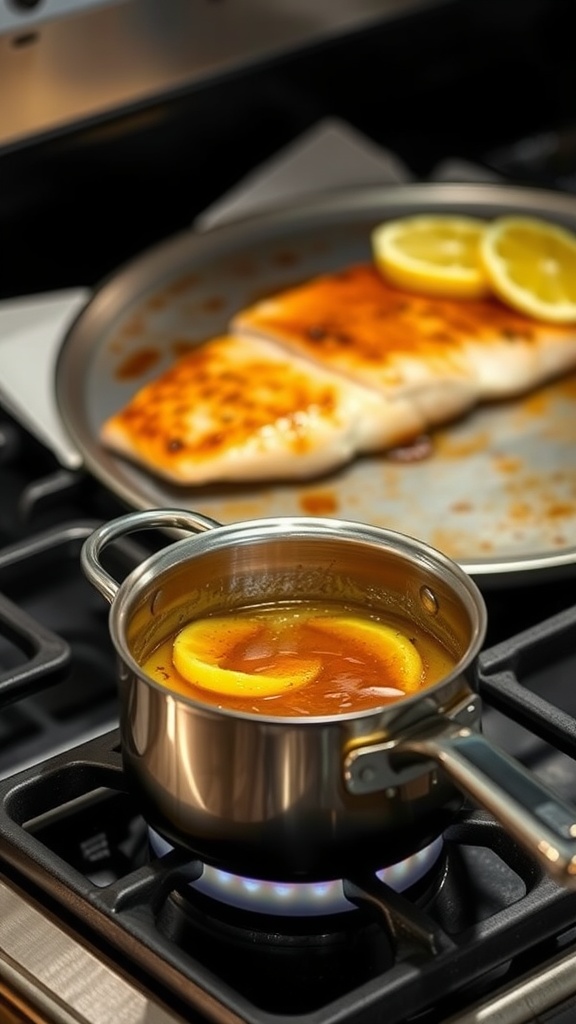 A pot with citrus glaze on a stove next to grilled fish