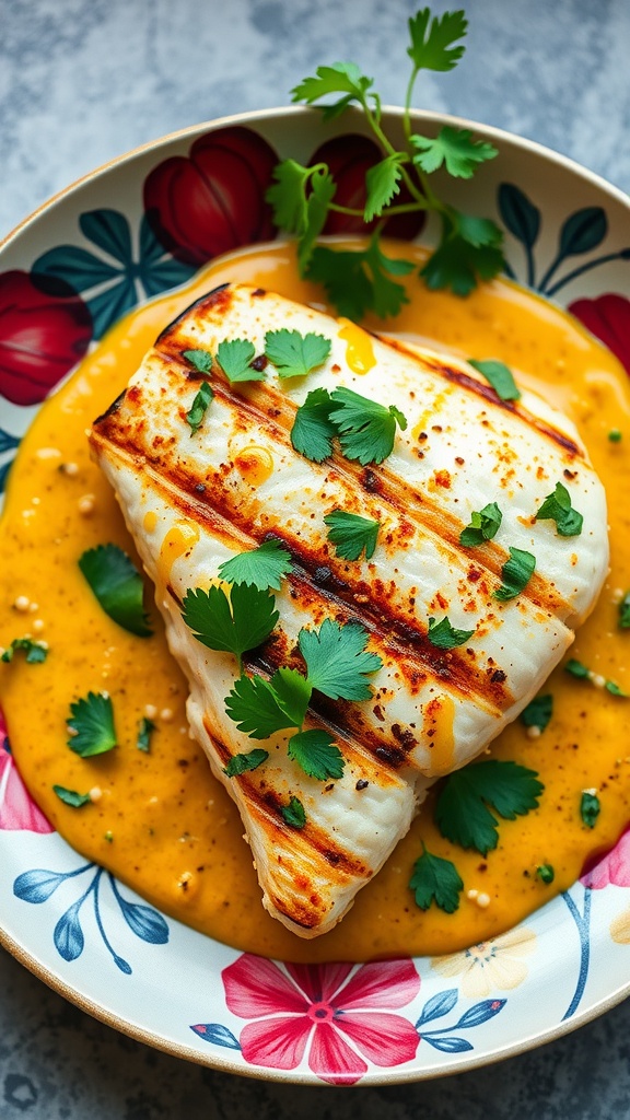 Grilled cod fillet with coconut curry sauce and cilantro