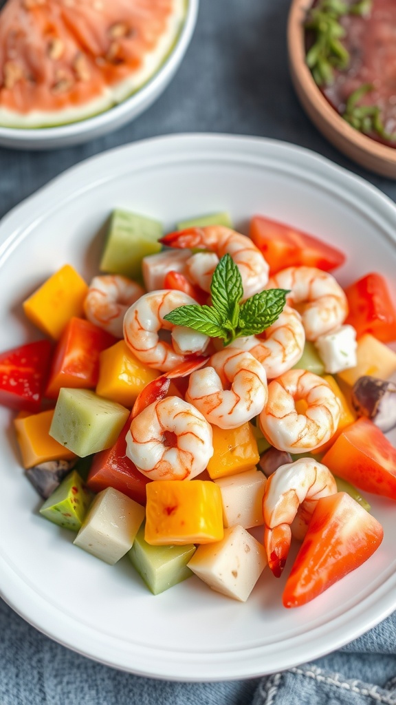 A vibrant Tropical Fruit and Seafood Salad featuring shrimp, diced fruit, and colorful vegetables.