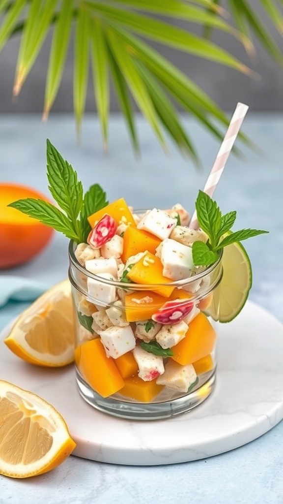 A vibrant bowl of tropical mango and crab salad, featuring colorful ingredients.