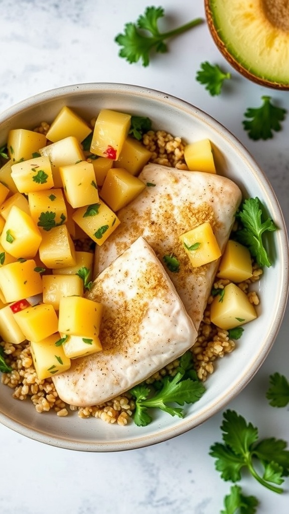 A bowl of grilled tilapia topped with tropical pineapple salsa, served over rice.