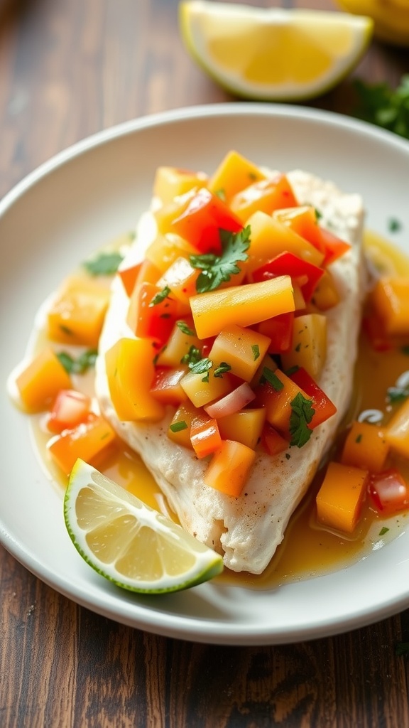 Baked cod topped with tropical salsa and lime wedges