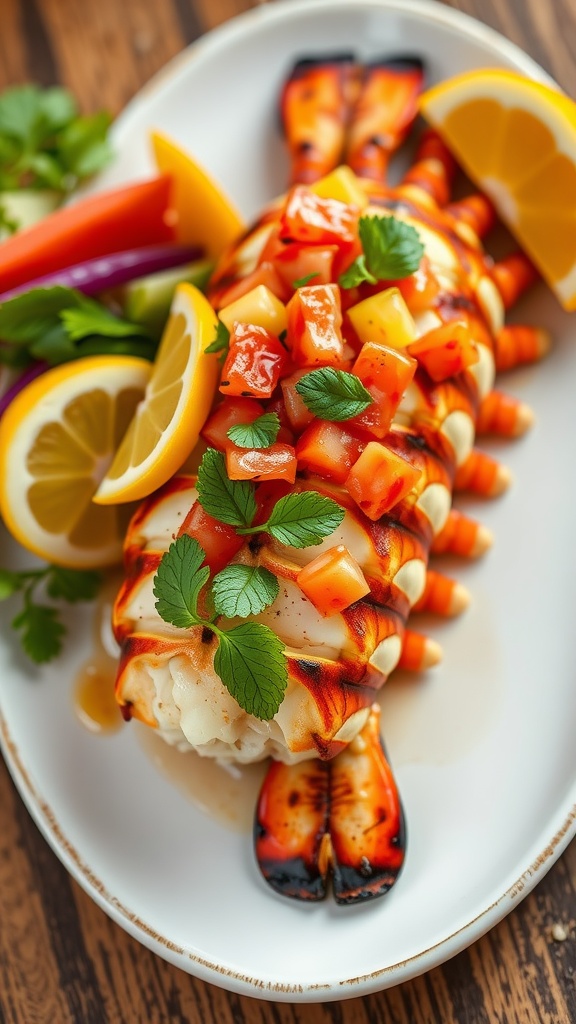 A grilled lobster tail topped with tropical salsa, showcasing vibrant colors and garnishes.