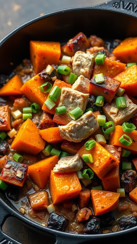 A skillet filled with colorful ingredients of tuna, sweet potatoes, and vegetables.