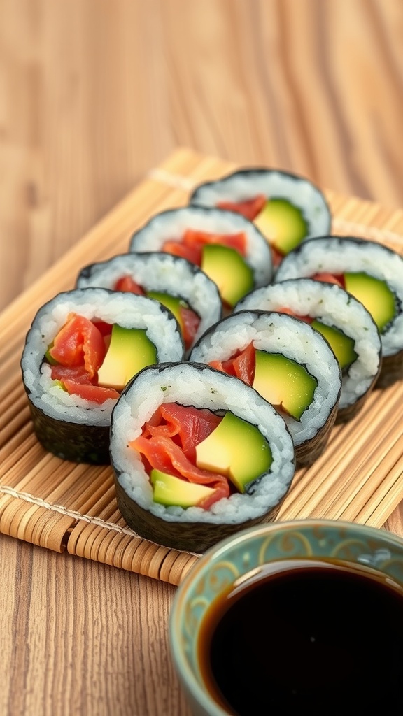 A plate of tuna and avocado sushi rolls