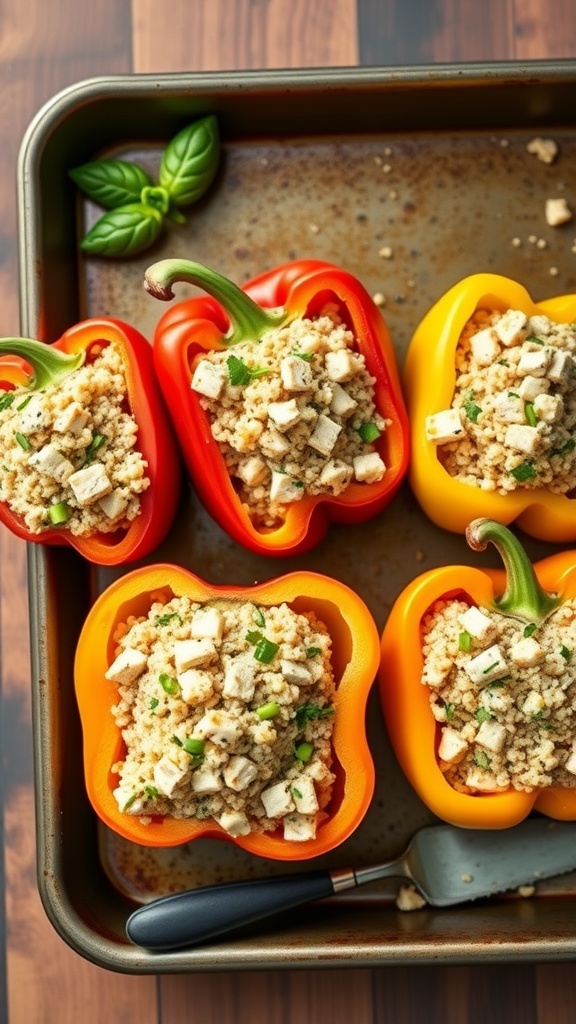 Colorful stuffed bell peppers filled with tuna and quinoa mixture