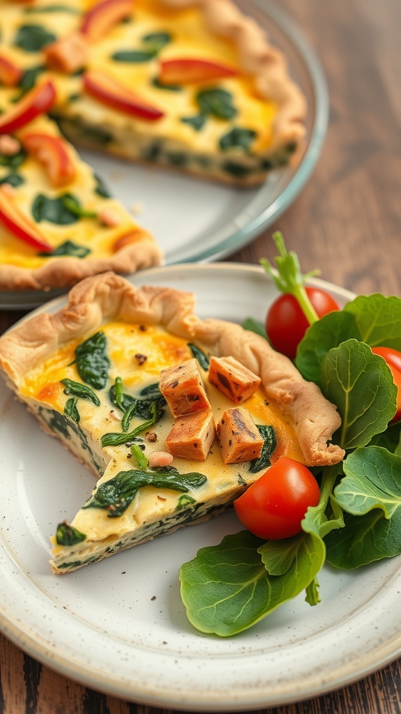 A slice of tuna and spinach quiche served with fresh salad on a plate.