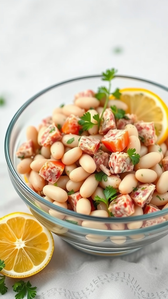 A vibrant bowl of Tuna and White Bean Salad with tomatoes and parsley.