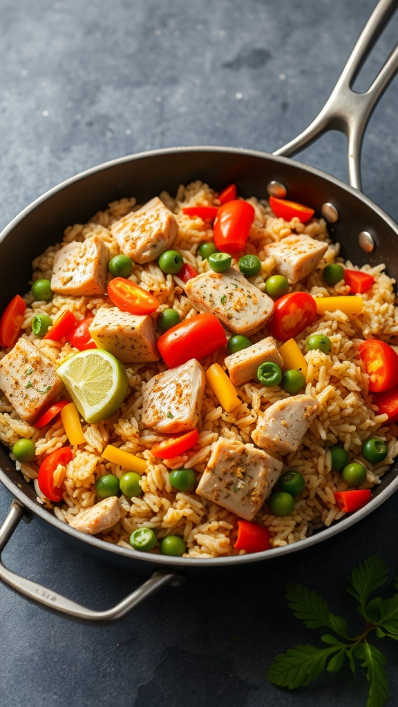 A pan of tuna fried rice with colorful vegetables and lime wedges