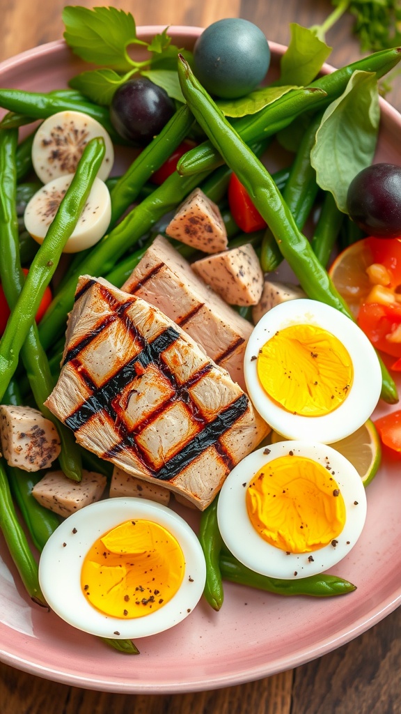 A delicious Tuna Niçoise Salad featuring tuna, hard-boiled eggs, cherry tomatoes, green beans, and mixed greens.