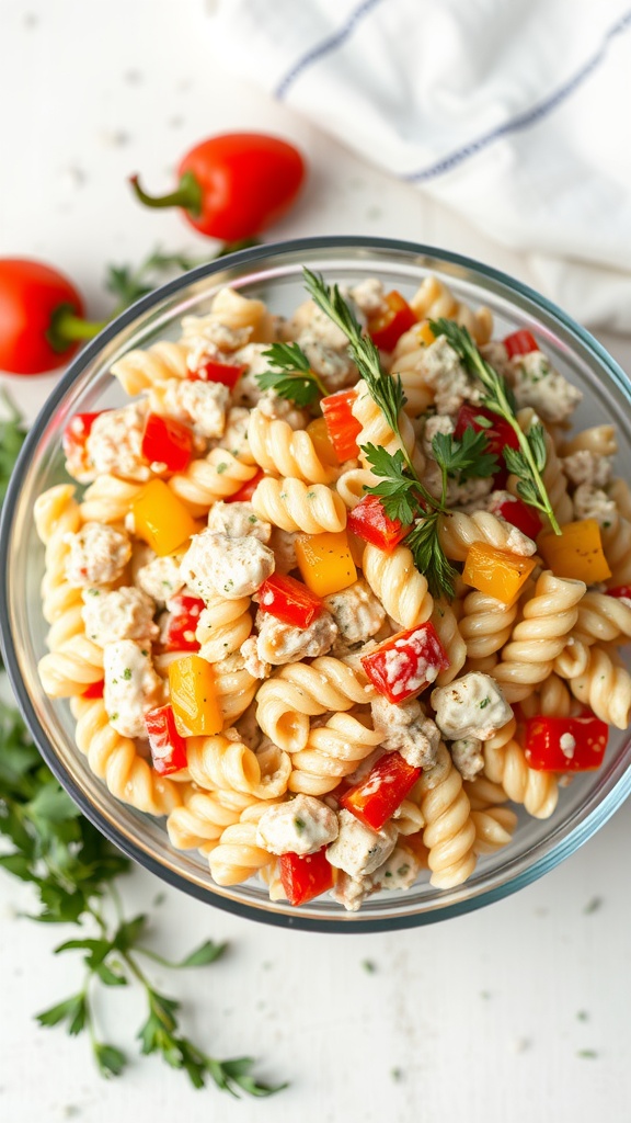 A bowl of Tuna Pasta Salad with Bell Peppers, featuring colorful ingredients.