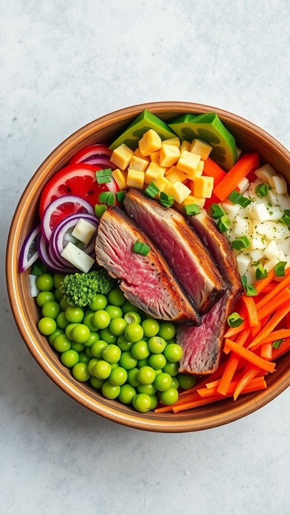 A colorful tuna steak poke bowl with edamame, fresh vegetables, and rice.