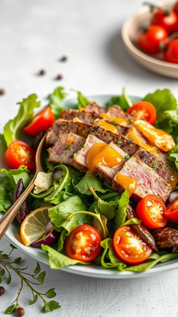 A vibrant tuna steak salad with mixed greens, cherry tomatoes, and a citrus vinaigrette.