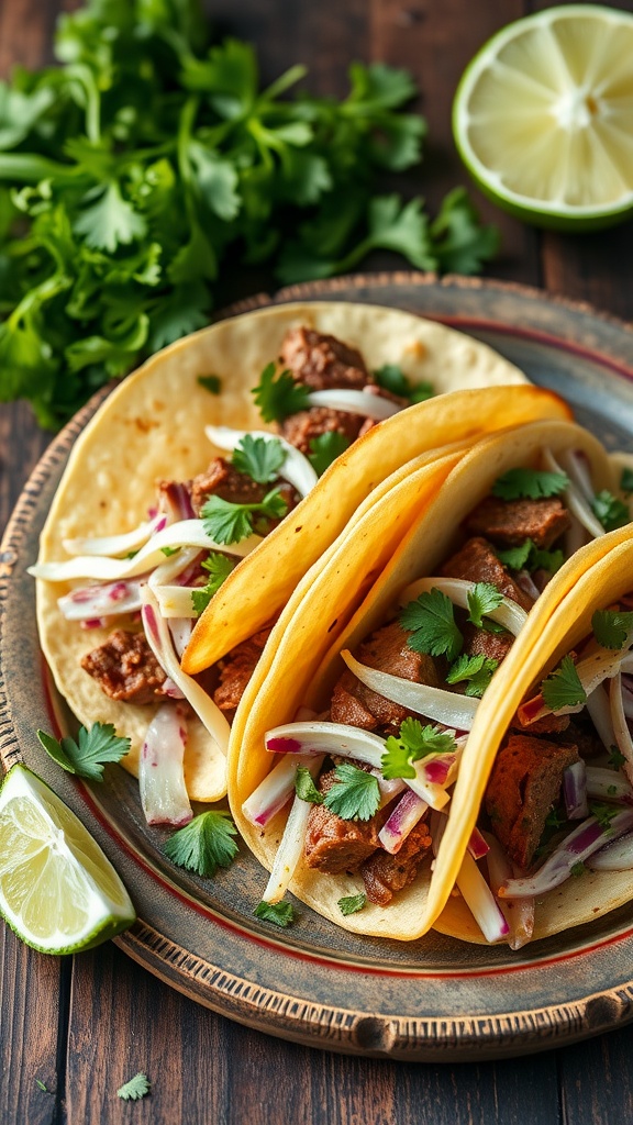 Tuna steak tacos with cabbage slaw and lime on a wooden table.