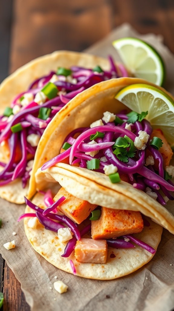 Tuna tacos with cabbage slaw and lime wedges