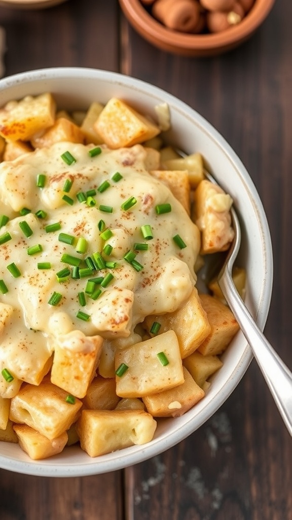 Bowl of vegan scalloped potatoes with cashew cream and garnished with chives