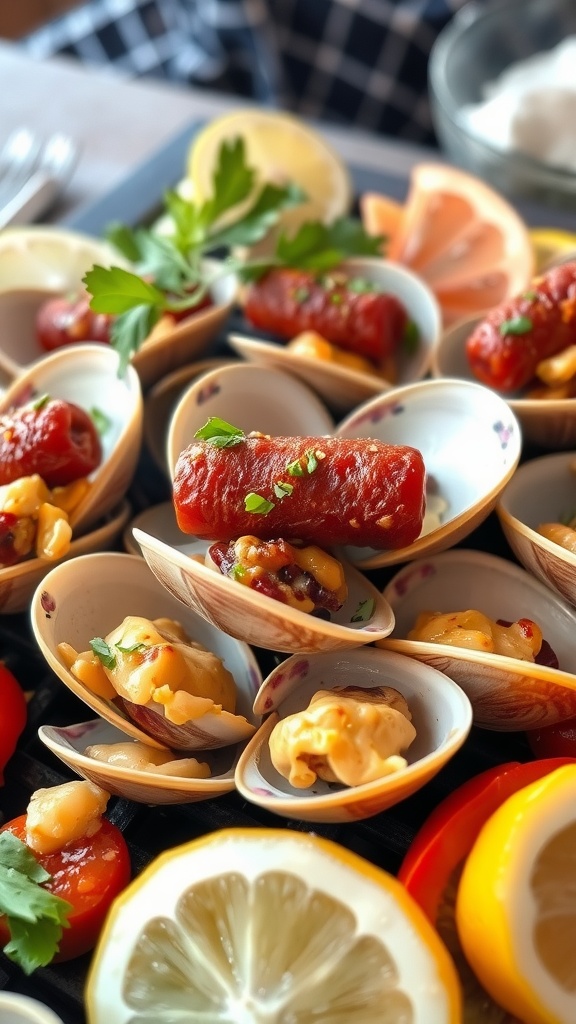 Grilled clams with chorizo on a barbecue grill.