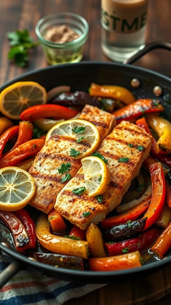 Grilled tilapia fajitas with colorful bell peppers and onions
