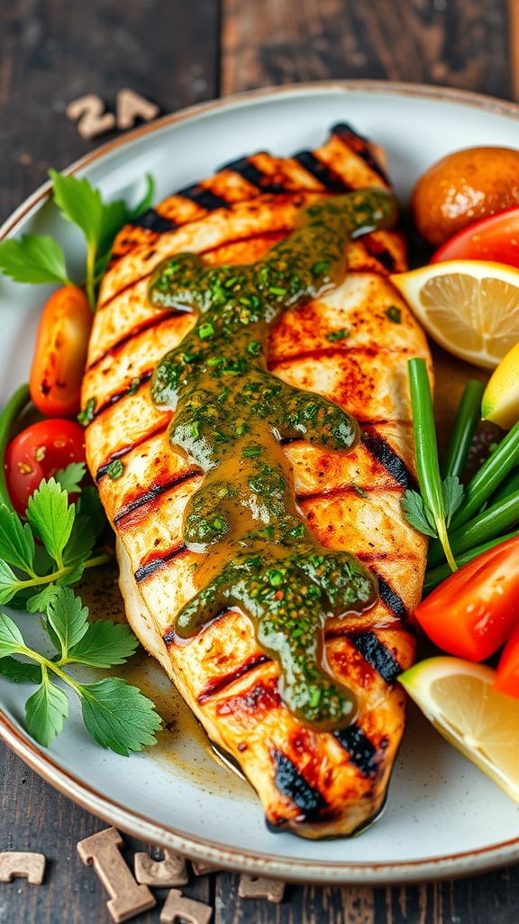 Grilled trout with chimichurri sauce and fresh vegetables