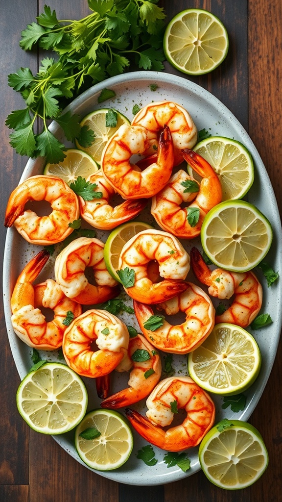Grilled shrimp garnished with lime and cilantro