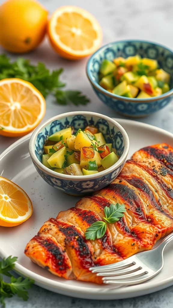 A vibrant dish featuring grilled red snapper with zesty citrus and avocado relish on the side.