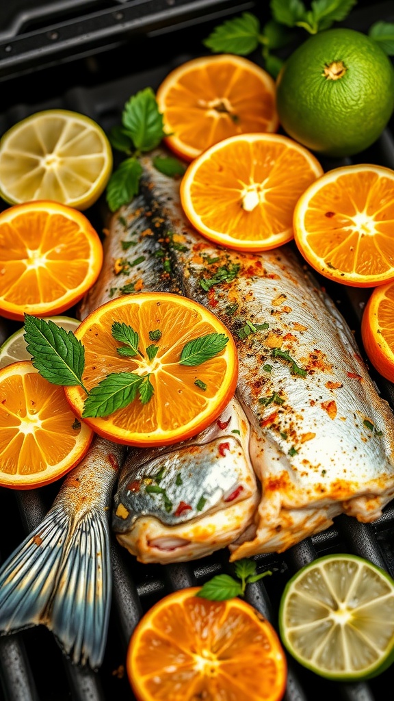 Grilled dorado fish with citrus slices and fresh herbs