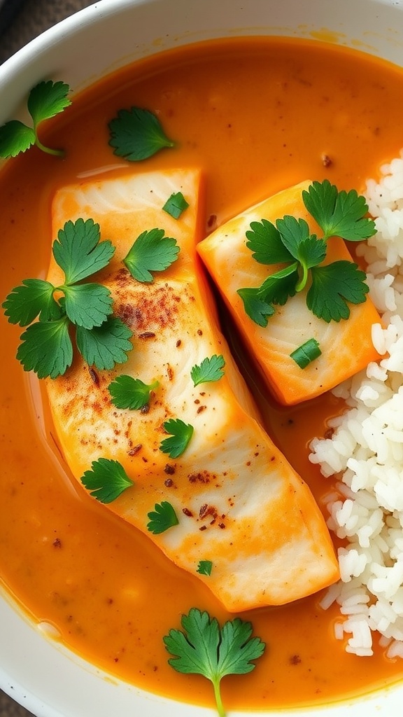 Bowl of Zesty Coconut Curry Salmon with rice and garnished with cilantro