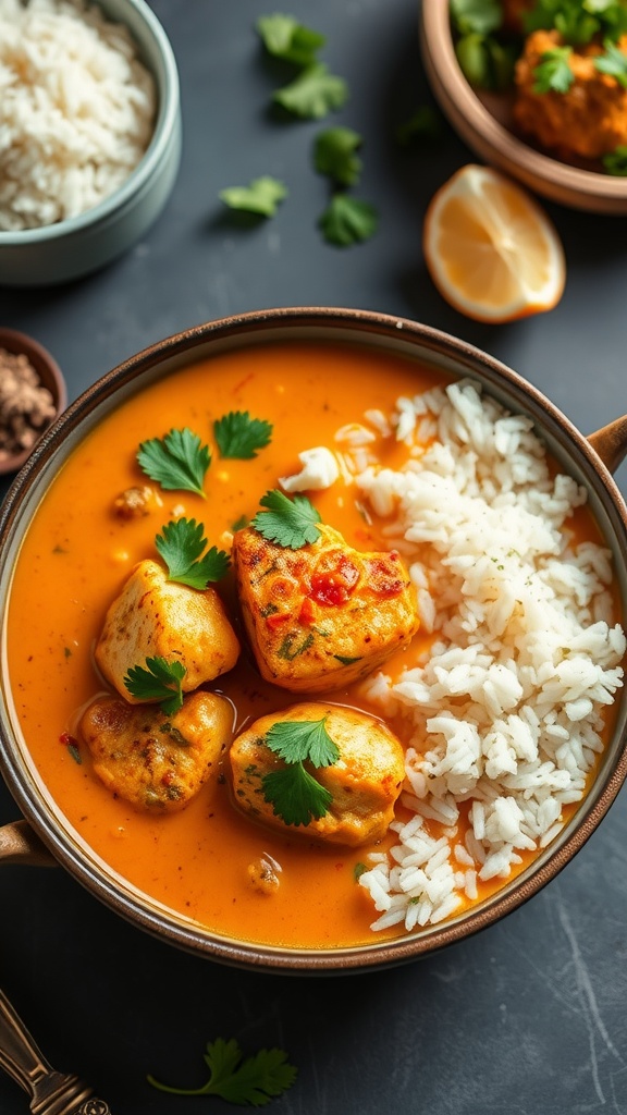 A bowl of zesty fish curry with coconut milk served with rice and garnished with cilantro.