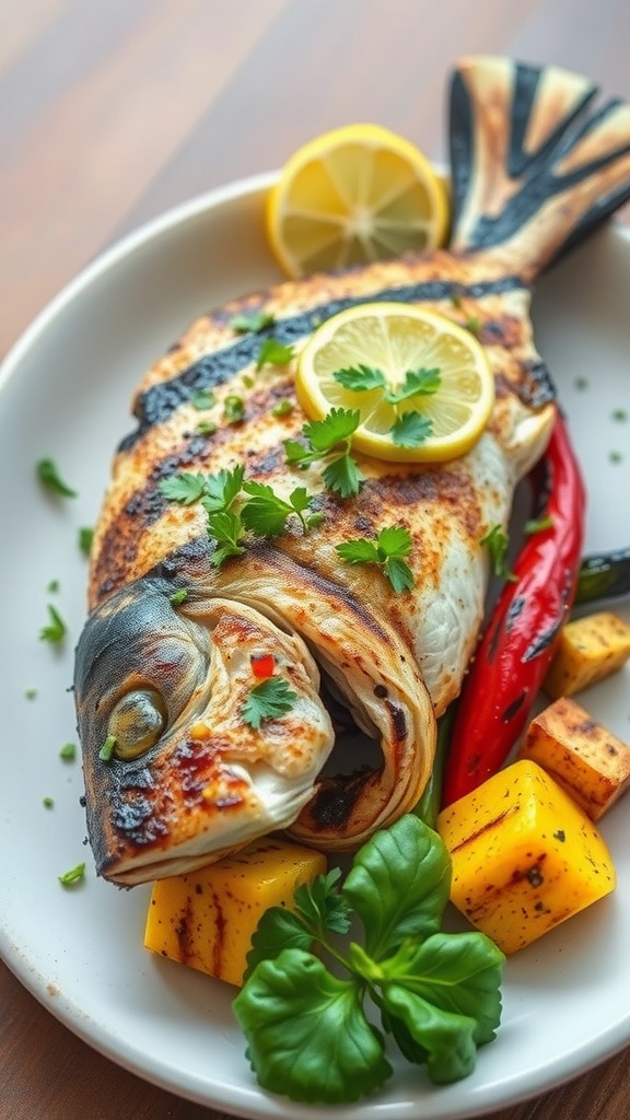 A plate of grilled barramundi garnished with lemon slices and fresh herbs, served with grilled vegetables.