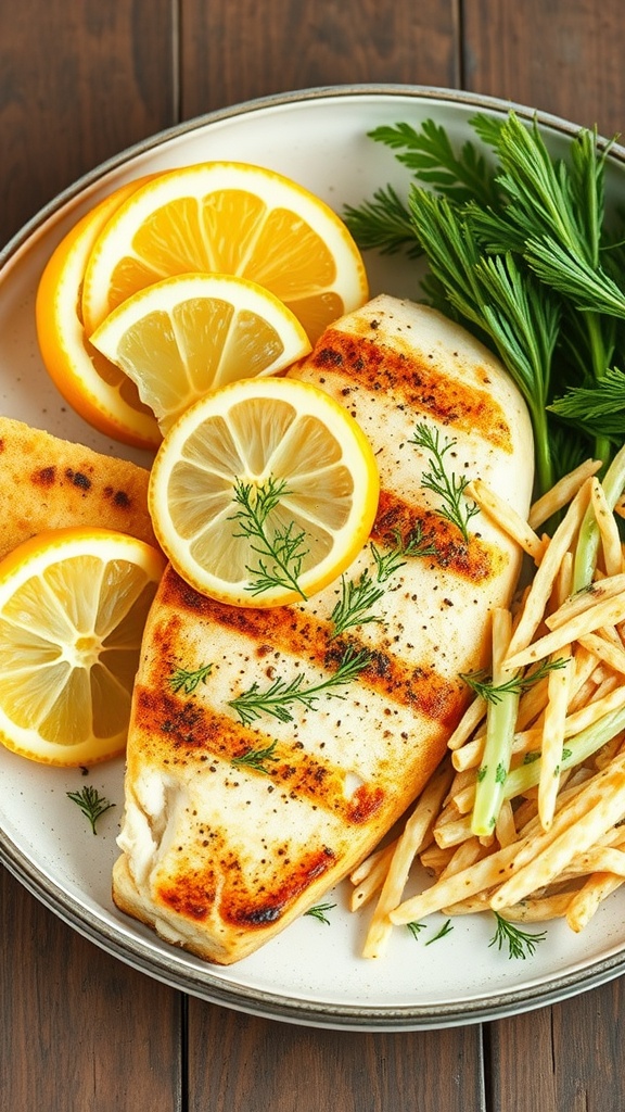 Grilled catfish garnished with lemon slices and dill