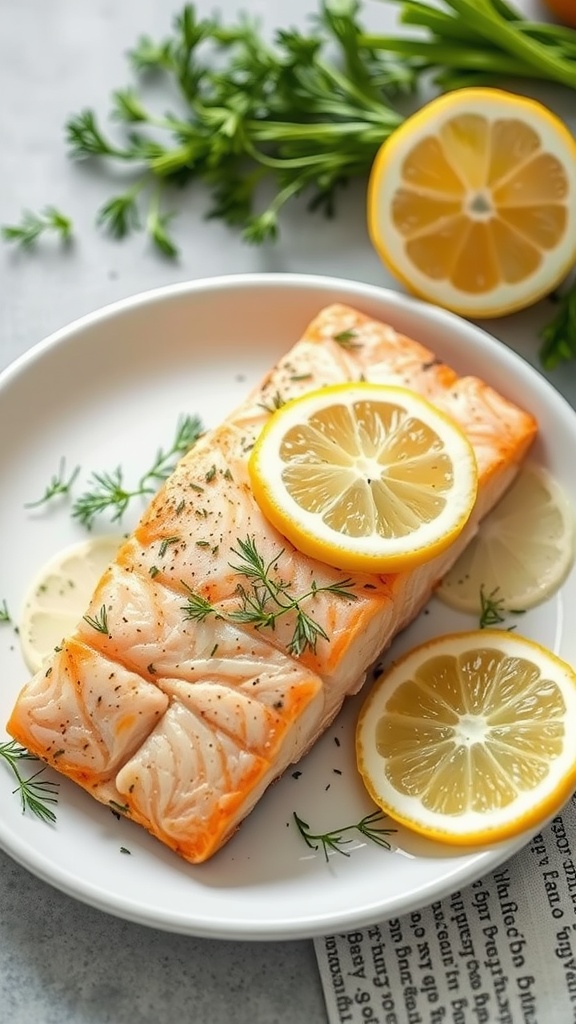 A plate of Zesty Lemon Dill Salmon garnished with lemon slices and fresh dill.