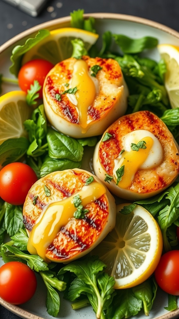 A plate of grilled scallops on a bed of greens, garnished with lemon and herbs.