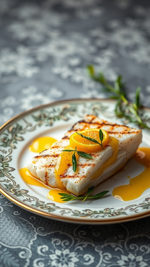 A beautifully plated grilled sea bass with zesty orange beurre blanc sauce