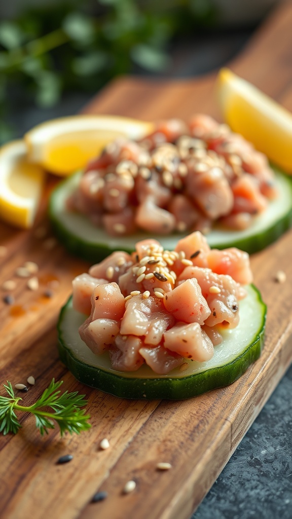 Cucumber slices topped with tuna tartare garnished with sesame seeds and cilantro.