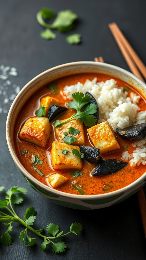 A bowl of Black Cod and Coconut Curry with Jasmine Rice, garnished with cilantro.