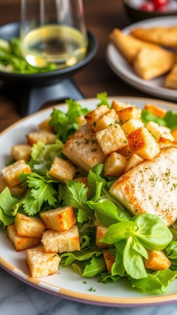 A delicious Black Cod Caesar Salad with croutons on a white plate.