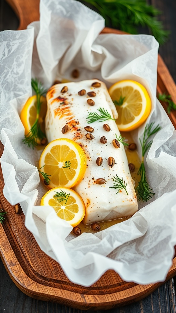 Black Cod en Papillote with lemon and dill, served in parchment paper.